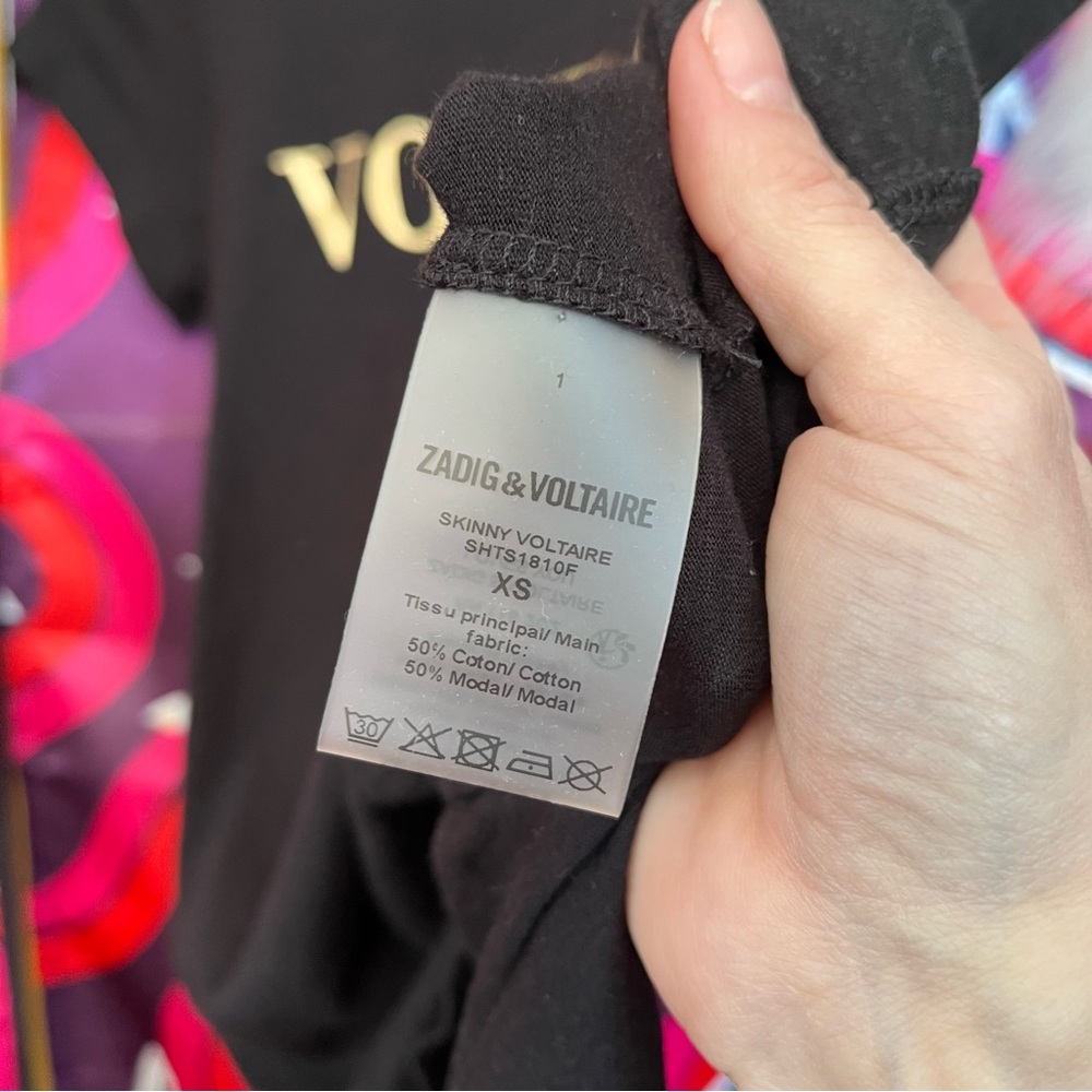 Zadig and Voltaire Skinny Logo Metallic TShirt Gold Black Short Sleeve SHTS1810F - Picture 8 of 13